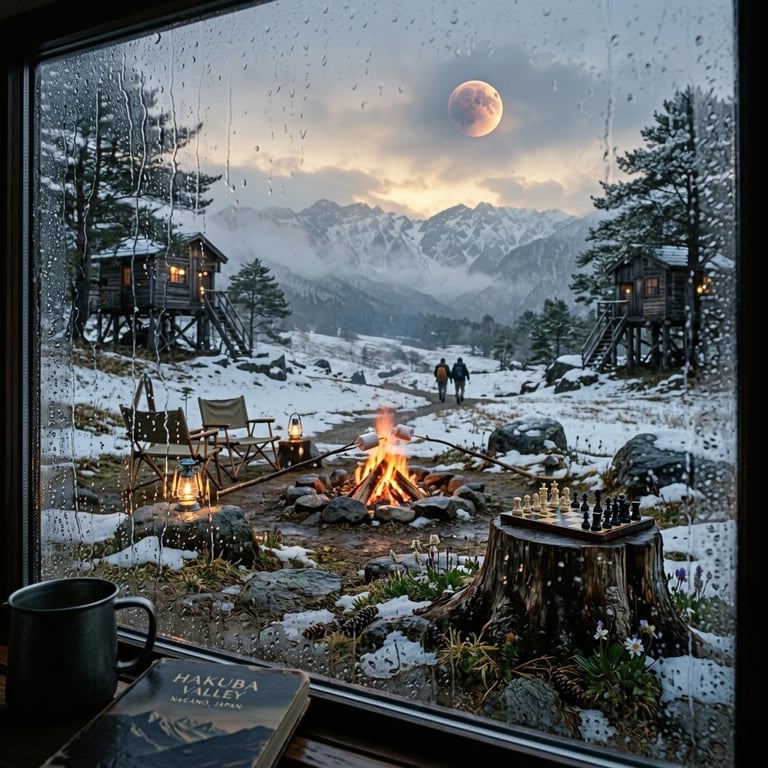 A quiet campsite rests in a snowy alpine meadow, seen through a window dotted with raindrops. Two wooden treehouses sit among wildflowers and pine cones, while a warm campfire waits with marshmallows. Above the hazy mountains, a copper moon glows in the blue evening sky.