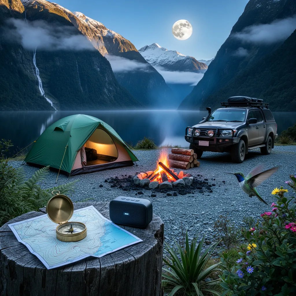 A cozy tent glows beside a small campfire on the quiet shore of Milford Sound. Steep green cliffs rise over calm blue water that mirrors the sky and the bright full moon. A rugged 4x4 waits nearby, while a map, compass, and tiny speaker rest on a worn stump. Misty air, soft light, and a visiting hummingbird make the campsite feel calm and magical.
