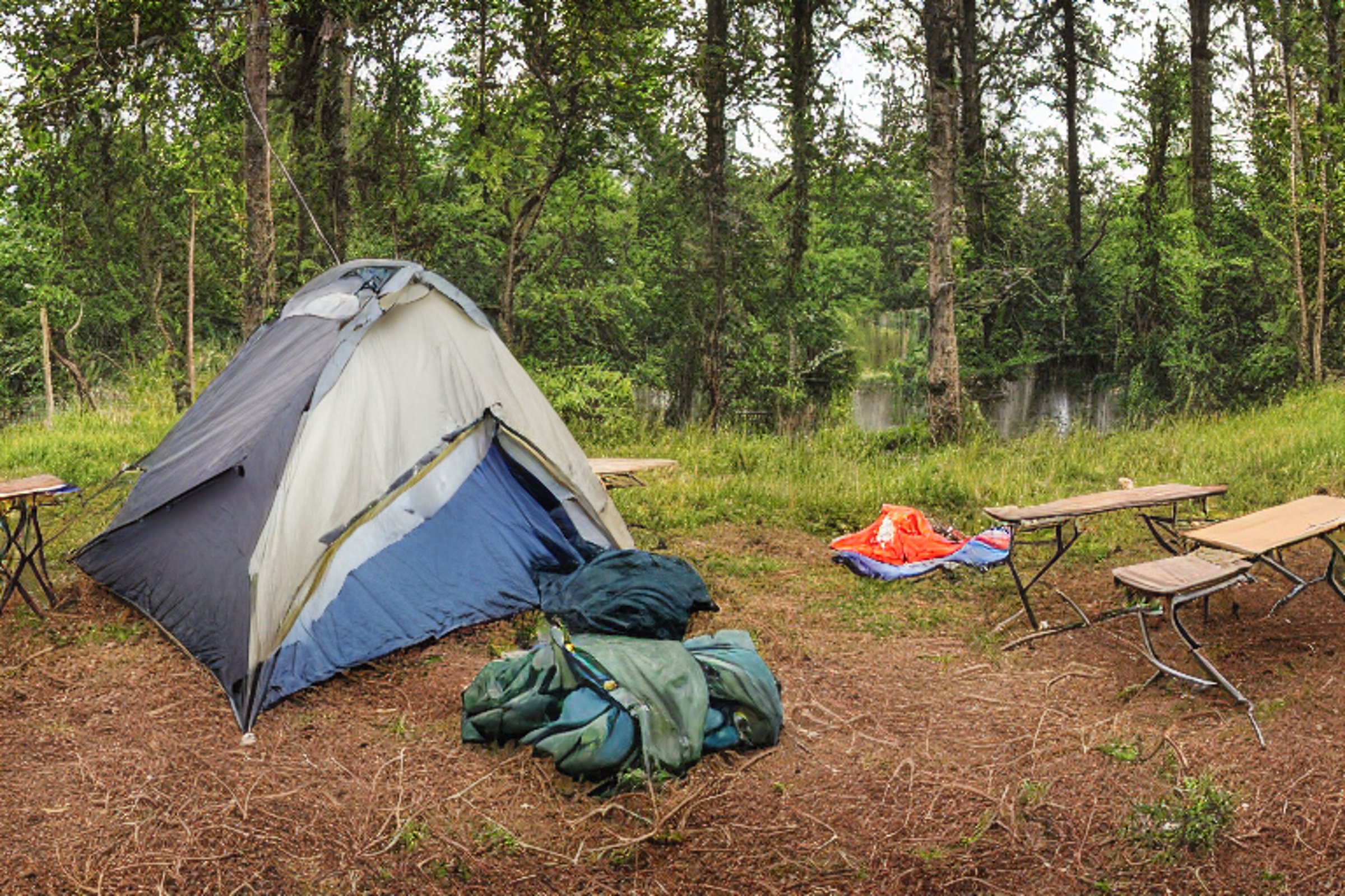 A cozy tan tent sits beside a quiet river under a clear night sky. A warm campfire glows near a picnic table, while tall grass, a backpack, and a clothesline add a homey touch.
