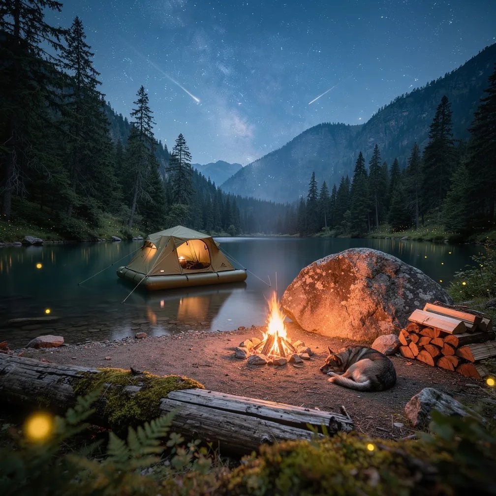 A quiet alpine lake rests in a lush forest valley, glowing under moonlight. An olive-green floating tent sits near the shore while a warm campfire flickers beside a big old log and a stack of firewood. A dog sleeps curled by the fire as fireflies sparkle in the grass. Above, meteors streak past the faint Milky Way and shimmer on the still water.