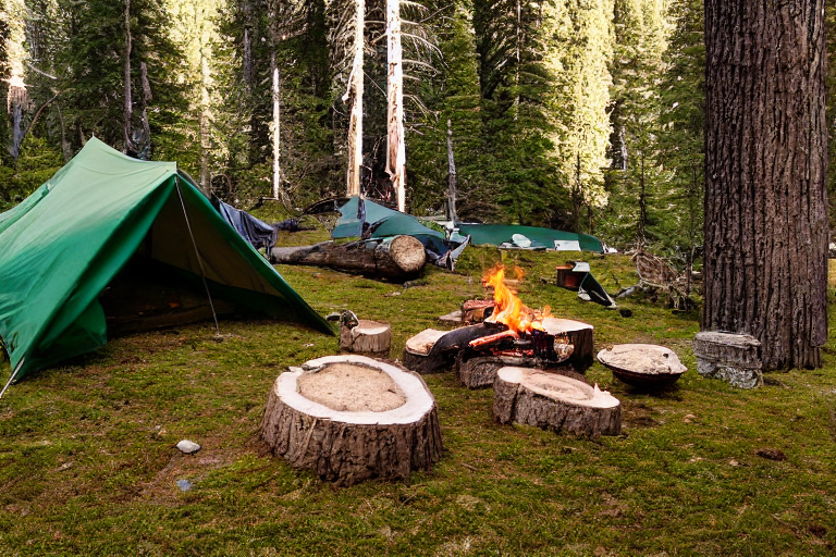 A green and tan tent rests on a dirt clearing in Yosemite as the sun sets. Mossy trees surround the campsite, while a stone-ringed campfire glows nearby. Clothes hang from a line, adding a cozy touch to the rugged scene.