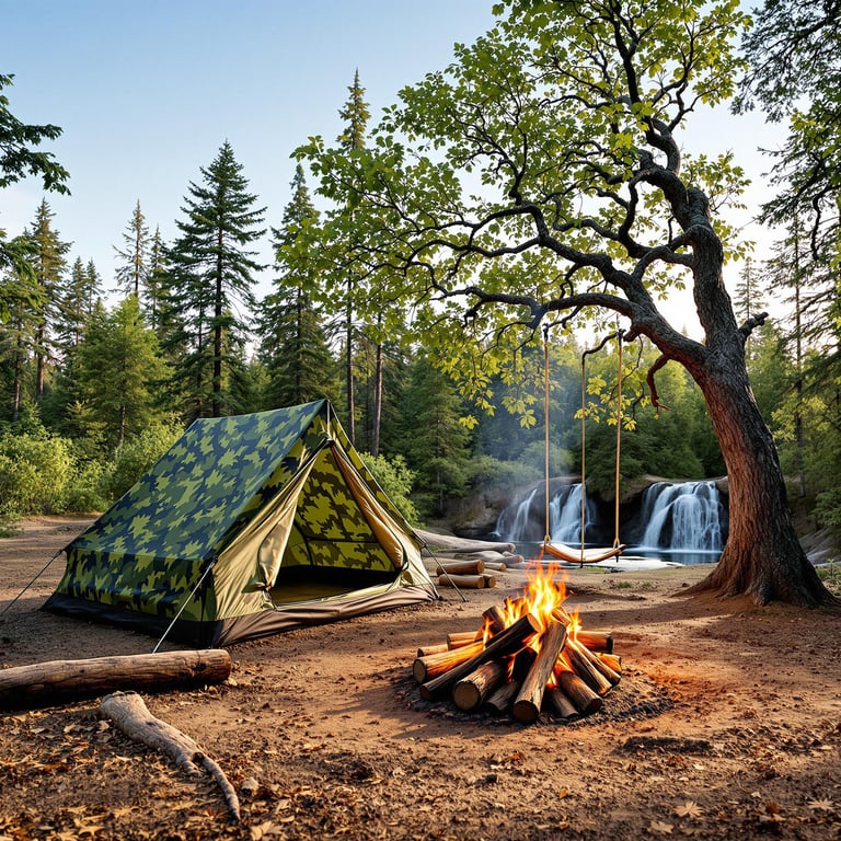 Under tall, whispering trees, a cozy tent sits beside a crackling campfire. A gentle waterfall cascades nearby, filling the air with its soothing sound. A wooden swing hangs from a sturdy tree, inviting you to relax and enjoy nature's beauty.