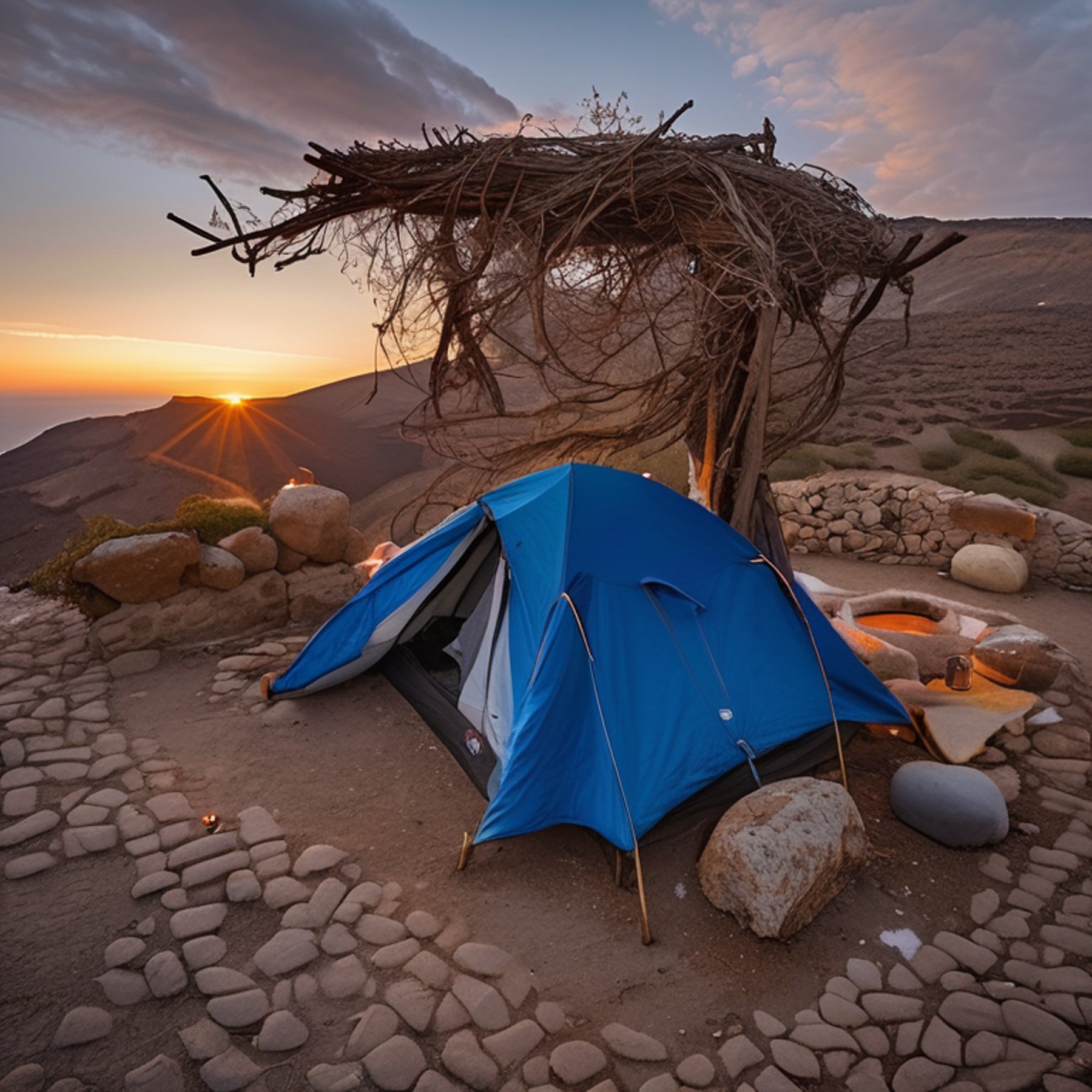 A colorful tent rests on a snowy dirt patch in Santorini as the sunrise warms the sky. A small campfire glows beside boulders, a large rock, and a box of camping gear.