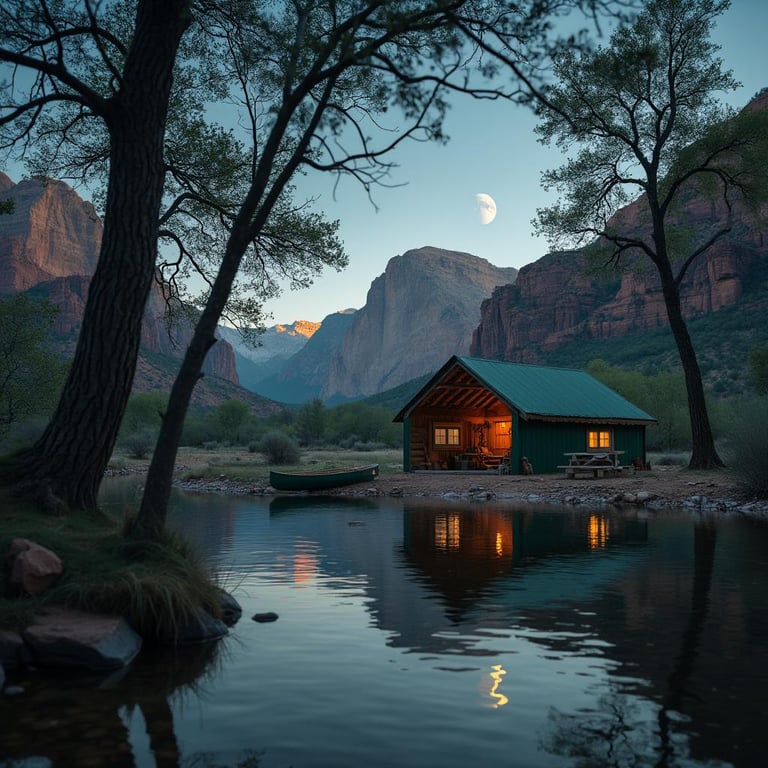 A green lean-to shelter rests among the rough cliffs and trees of Zion National Park. A canoe waits beside a calm lake, while snow falls softly and birds nest nearby. Through the branches, the moon glows over the quiet camp.