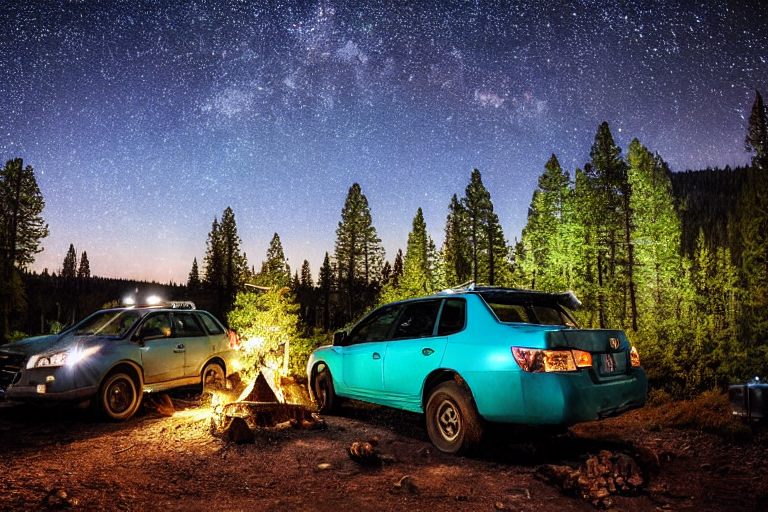 A teal Subaru rests at a quiet dirt campsite beneath a sky full of stars. A warm campfire glows beside the open rooftop tent, with logs, wildflowers, and rocky ground nearby. The peaceful Yosemite night feels cozy and wild.
