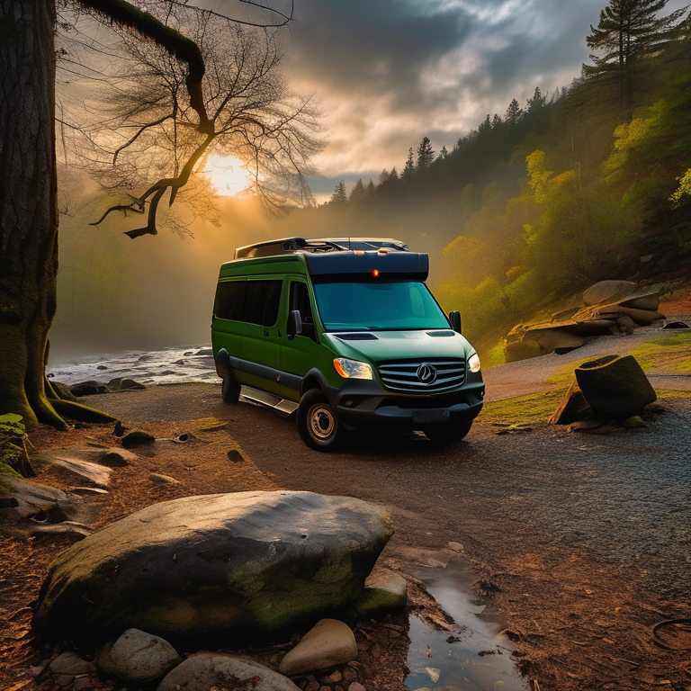 A green camo van rests at a peaceful campsite in the Smoky Mountains. Large stone slabs and tall trees surround a clear stream that winds through the site. Soft sunset light and gentle fog create a calm, wild atmosphere.