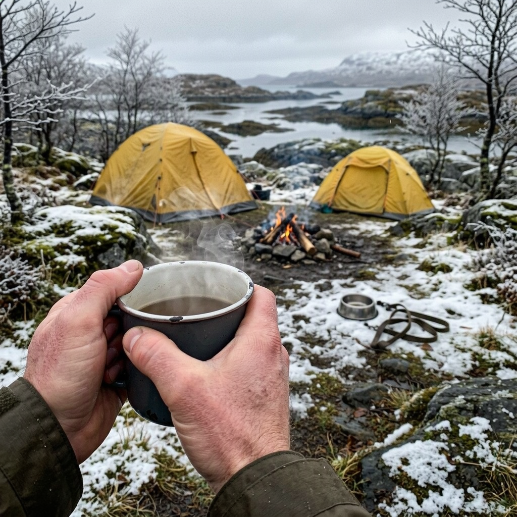 Over hands holding a mug, two yellow tents stand in a snowy campsite. A small fire burns between them, with tidal water beyond.