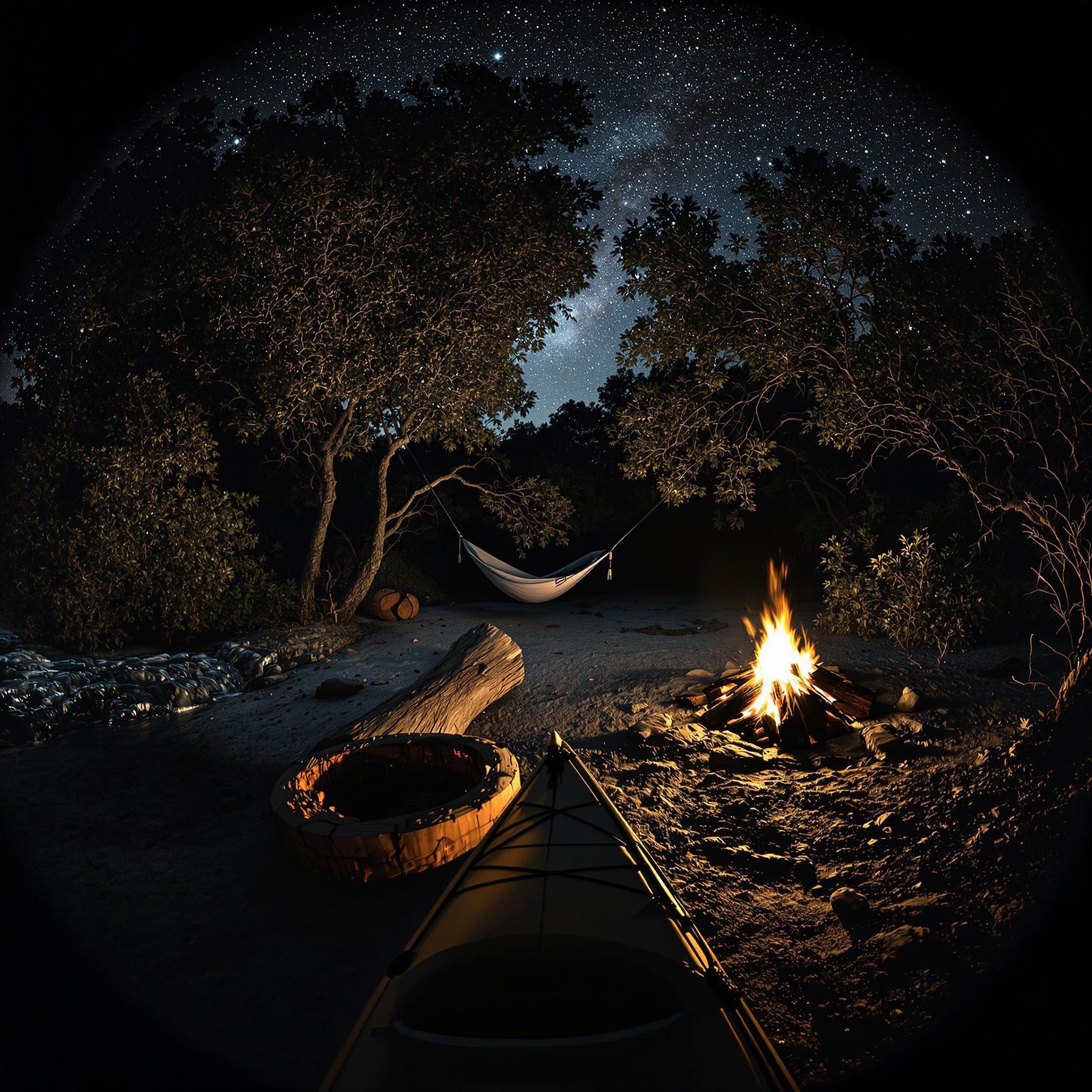 A black hammock rests among large bushes beside a quiet stream at White Sands National Park. A warm campfire glows near a fallen log as meteors streak across the stormy night sky.