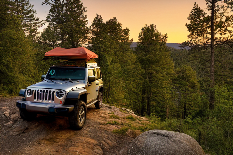 A gray and orange Jeep sits at a peaceful forest campsite with its rooftop tent open. Tall trees, large rocks, and a dirt patch surround the sunny parking spot. Warm golden light fills the calm outdoor scene.