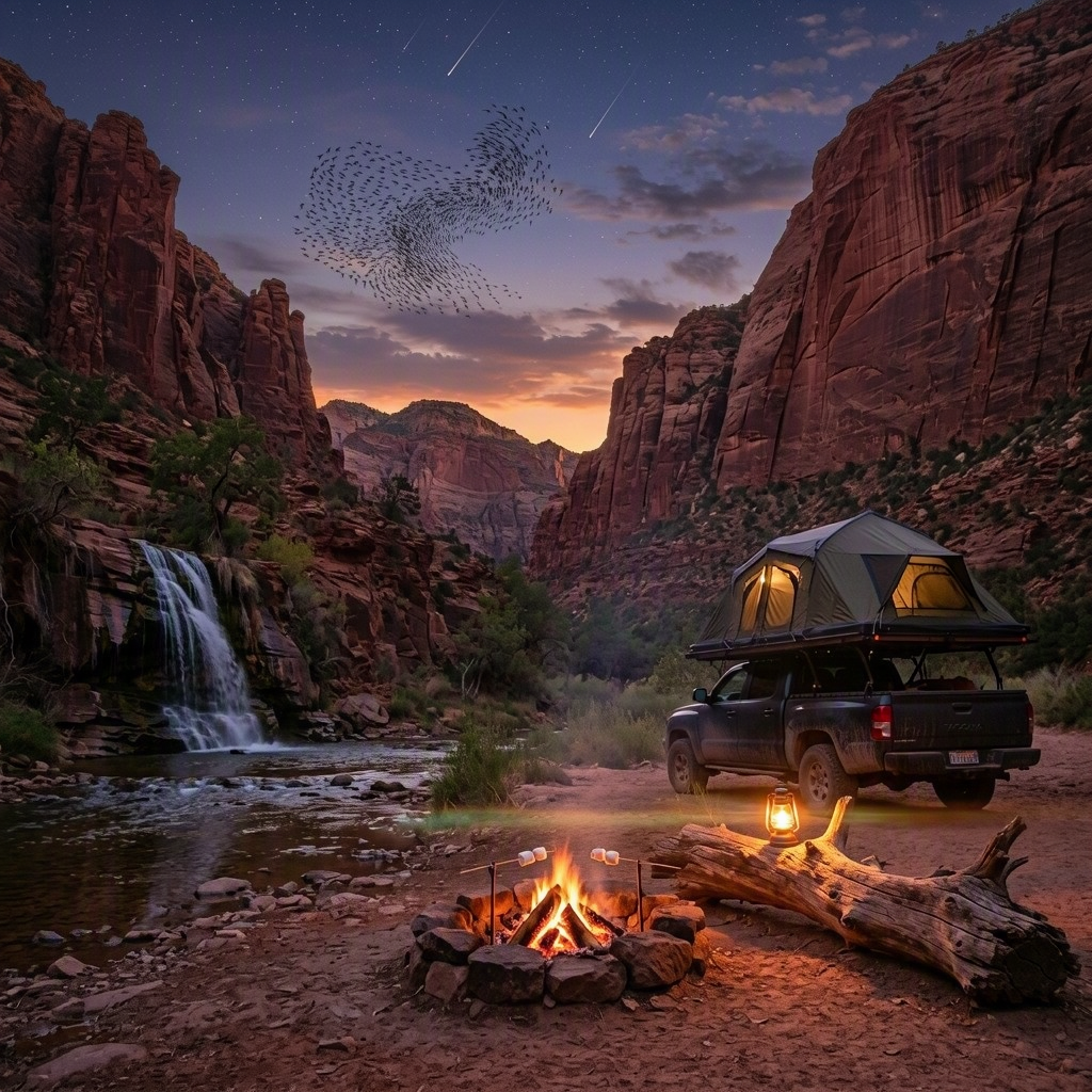 A quiet campsite rests in a red-rock canyon beside a small waterfall. A glowing lantern and crackling fire warm the cool twilight, while stars, meteors, and swirling birds fill the sky.