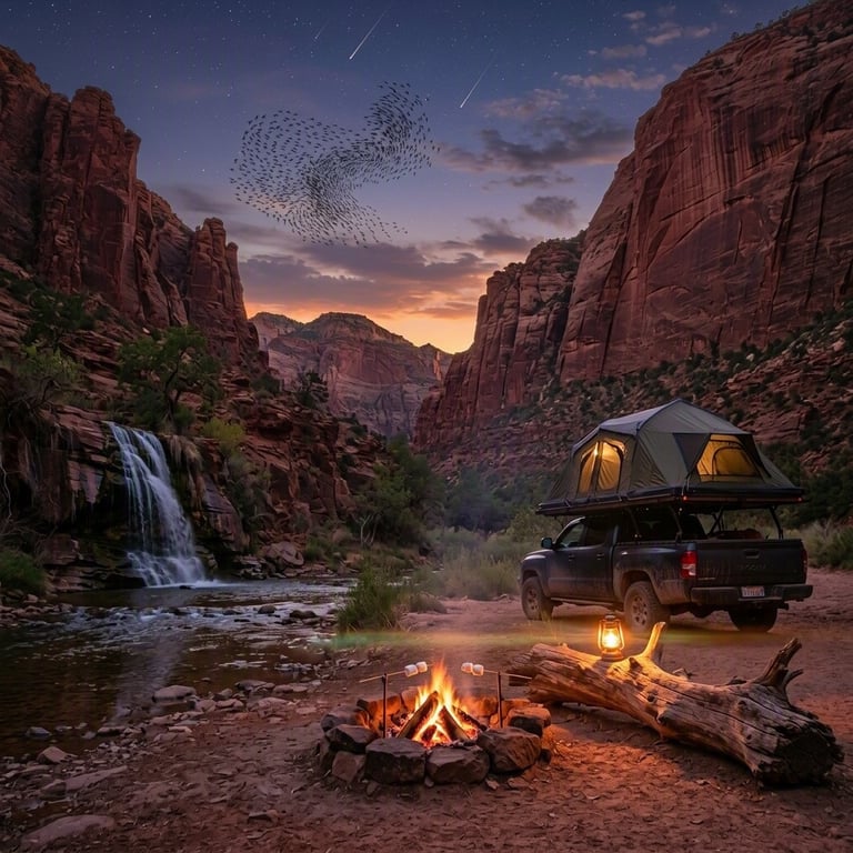 A quiet campsite rests in a red-rock canyon beside a small waterfall. A glowing lantern and crackling fire warm the cool twilight, while stars, meteors, and swirling birds fill the sky.