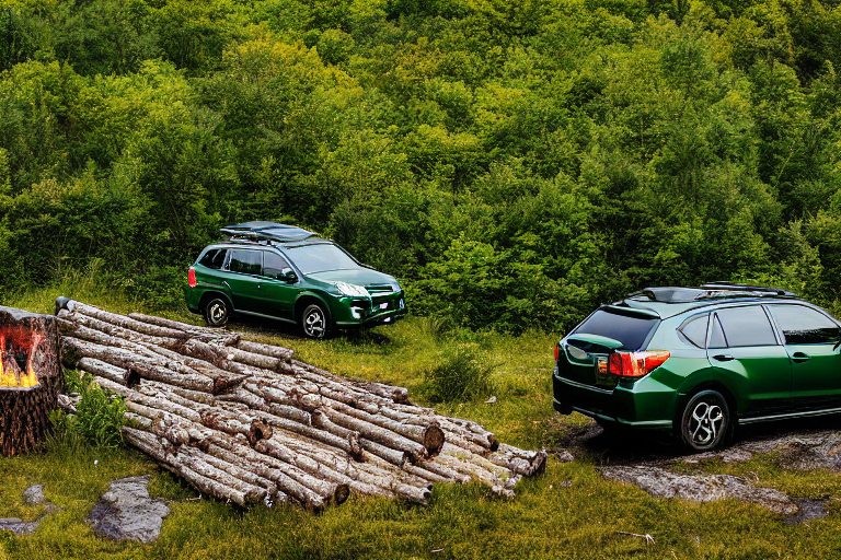 A forest-green Subaru with a rooftop tent rests in a grassy woodland campsite at sunrise. A stone-ringed campfire warms the dirt clearing as storm clouds gather overhead. In the distance, a person’s flashlight glows between the trees.