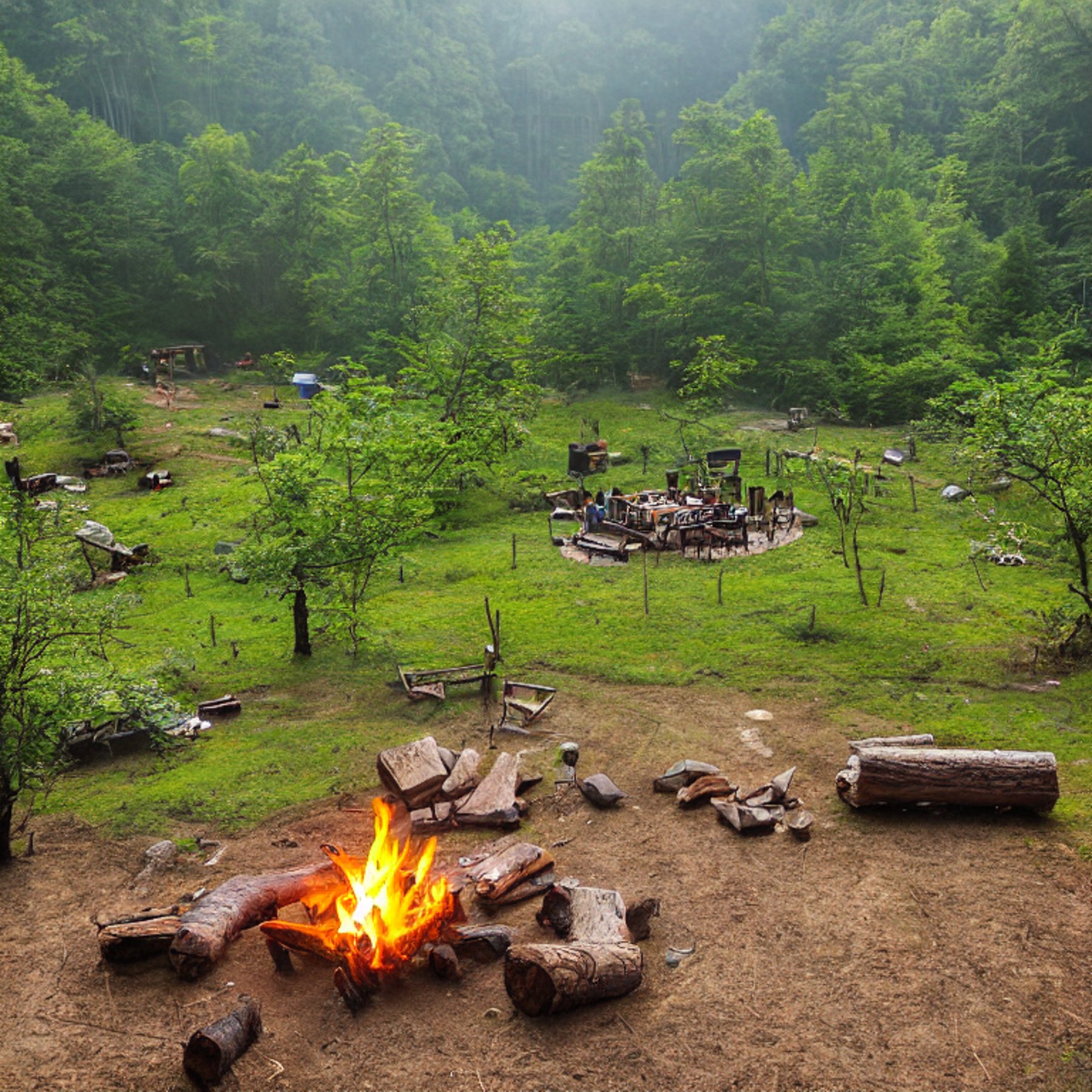 A forest green tent rests on a quiet dirt clearing in Zhangjiajie, China. Tall grass, mossy boulders, and a picnic table surround the campfire. Warm golden light fills the campsite beneath a clear sky.