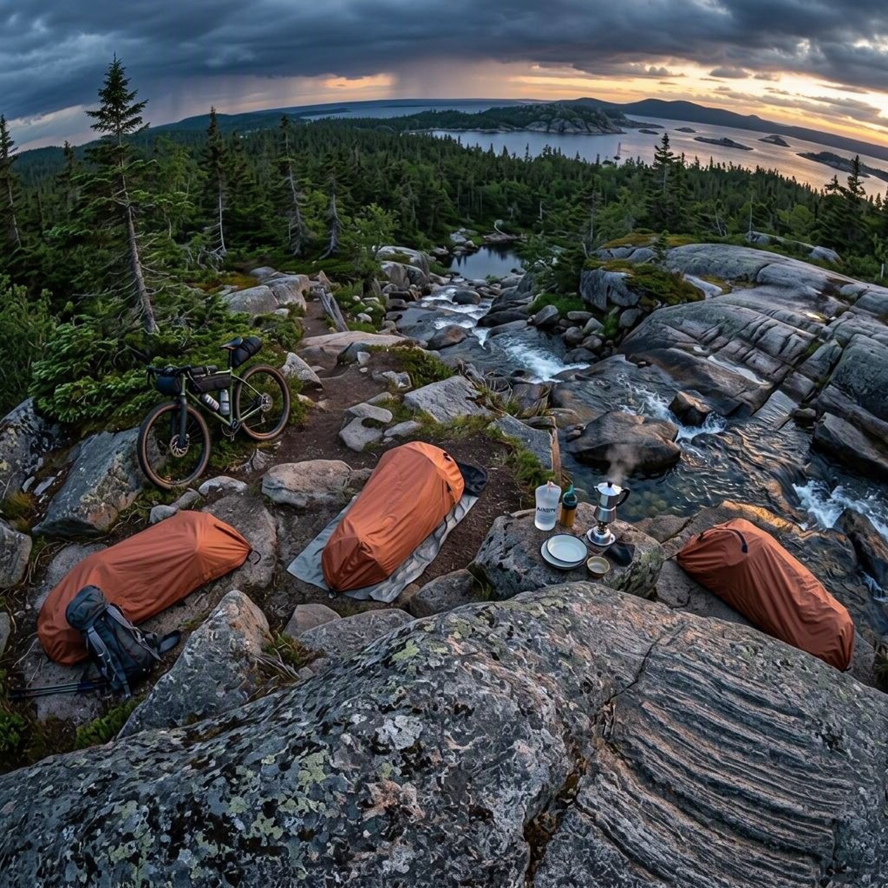 Three terracotta bivy sacks rest on lichen-covered granite beside a quiet forest stream. A bicycle, camp stove, moka pot, and plates make the spot feel ready for adventure. Storm clouds gather overhead as warm evening light shines on the rocks.