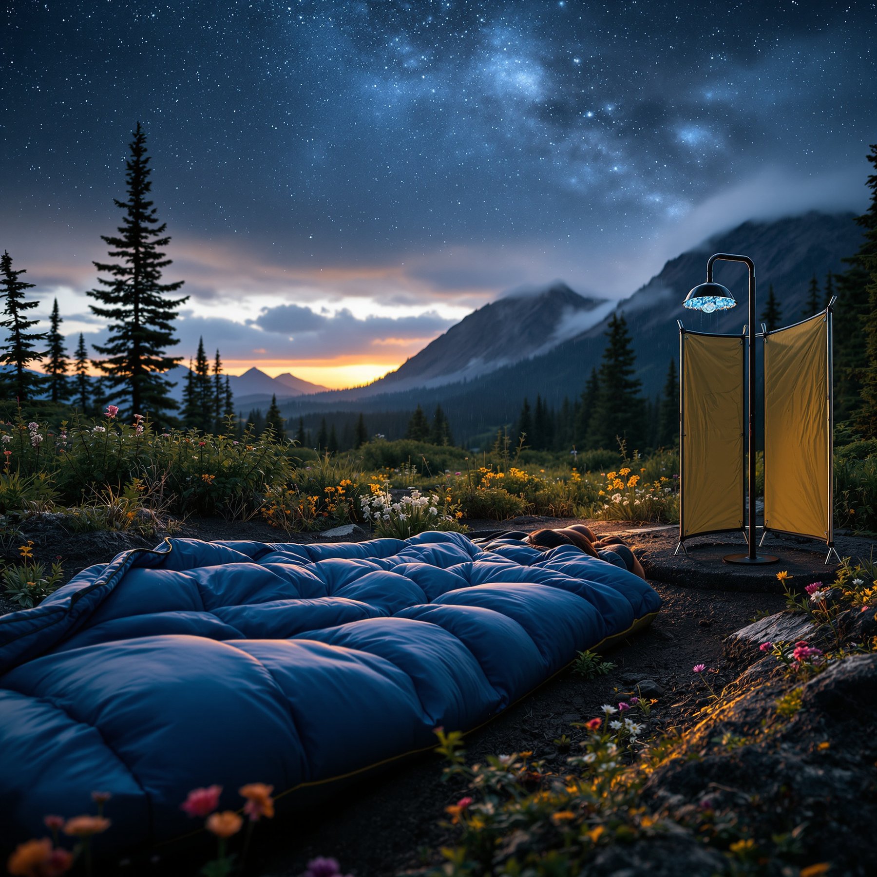 Sleep under the stars in a cozy mountain meadow, surrounded by wildflowers and tall pine trees. Watch the sunset over rocky peaks and gaze up at the twinkling night sky. This peaceful campsite feels like a secret spot just for you.