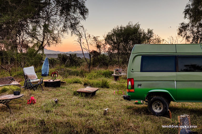 A green camo van rests on a quiet dirt campsite at dusk near San Diego Beach. Tall trees, bright flowers, and rolling hills surround the spot, while a wooden guitar lies nearby under the clear sky.