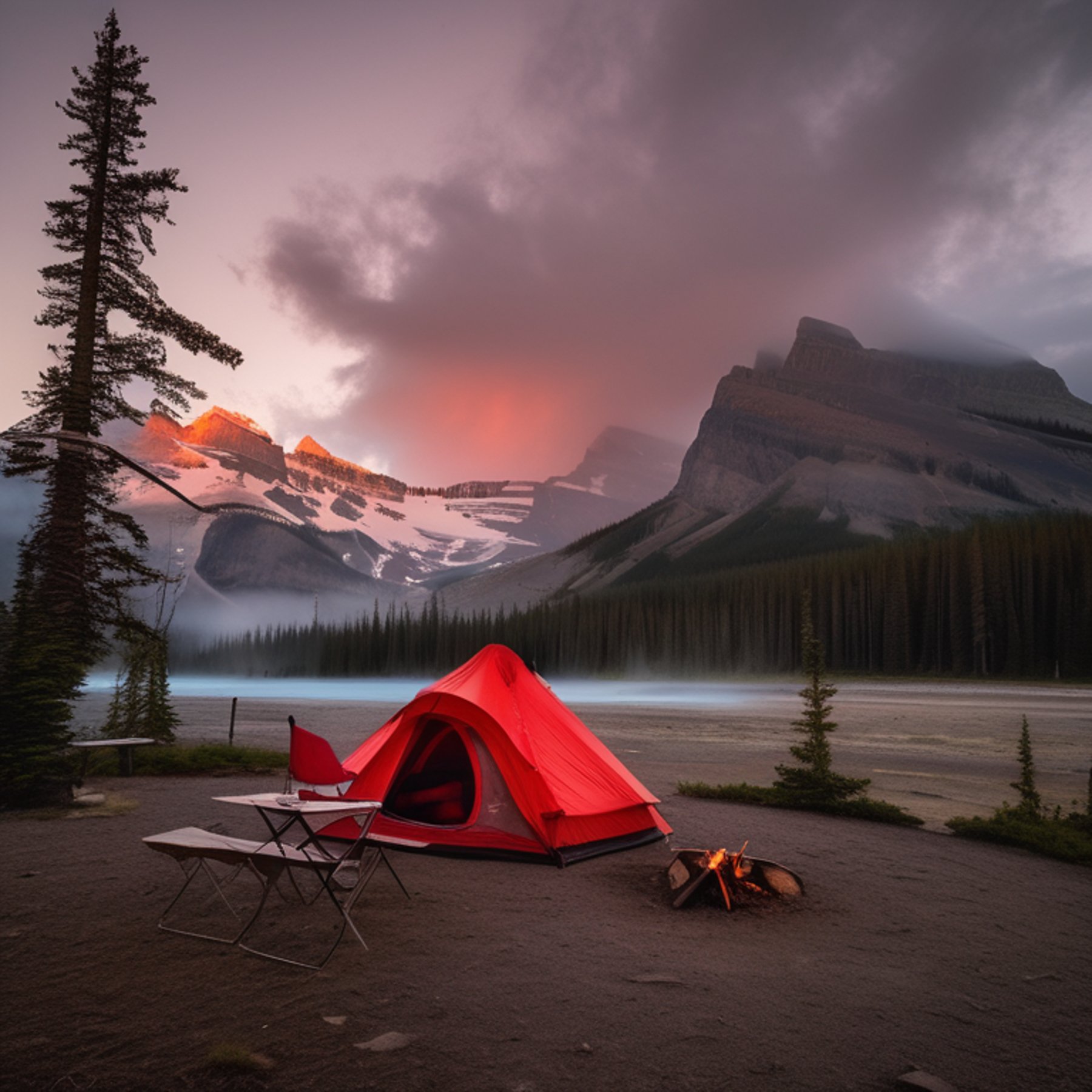 A red-and-white tent rests beside a warm campfire in a foggy Banff campsite. A hammock hangs between the trees, while a backpack and logs sit on the dirt nearby as dusk settles over the mountains.