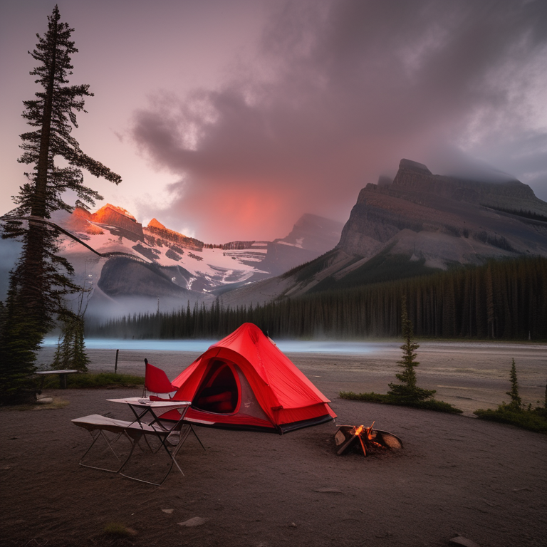 A red-and-white tent rests beside a warm campfire in a foggy Banff campsite. A hammock hangs between the trees, while a backpack and logs sit on the dirt nearby as dusk settles over the mountains.