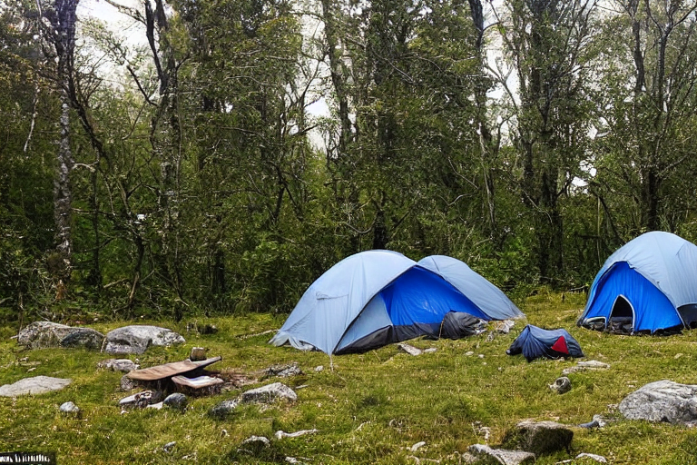 A gray and blue tent rests in a quiet valley as dusk settles over the mountains. A warm campfire glows beside camping chairs, a picnic table, and a wooden guitar. Stones and wild flowers surround the peaceful campsite under a clear sky.