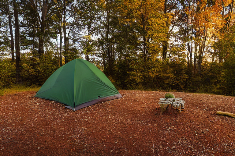 A green and tan tent rests beside a warm campfire near a quiet lake. Golden light shines through colorful fall trees, while rocky ground and berry-covered bushes frame the campsite. A pale moon hangs in the clear sky.