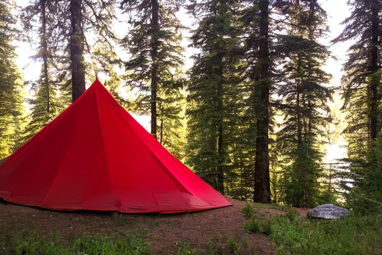 red tent at a campsite in the middle of the PNW forest