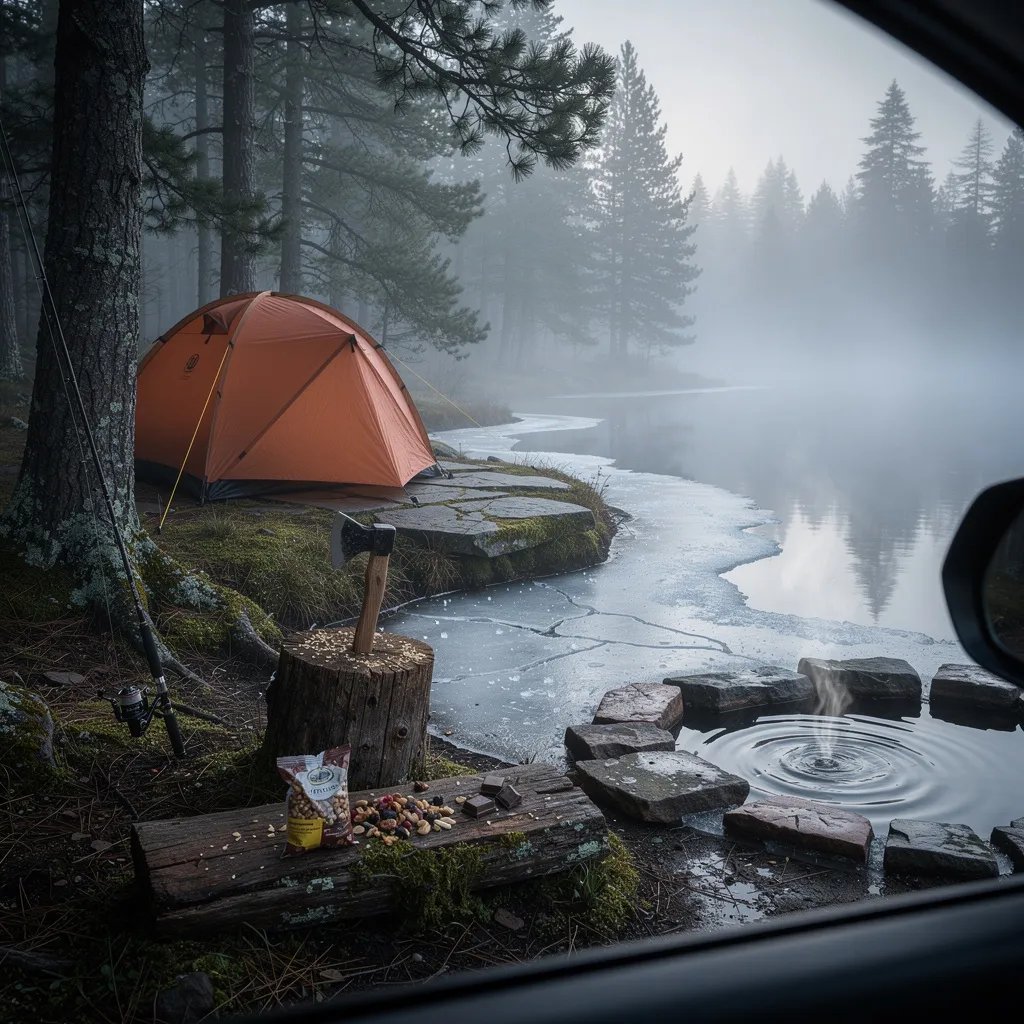 A quiet, foggy lake sits beside tall pine trees in the cold dawn light. A burnt-orange tent glows through the mist on mossy ground and flat stones, with a fishing rod resting against a tree. Near a weathered stump with an axe, trail mix is spilled on a rough log, and a tiny hot spring sends up soft steam by the icy shore.