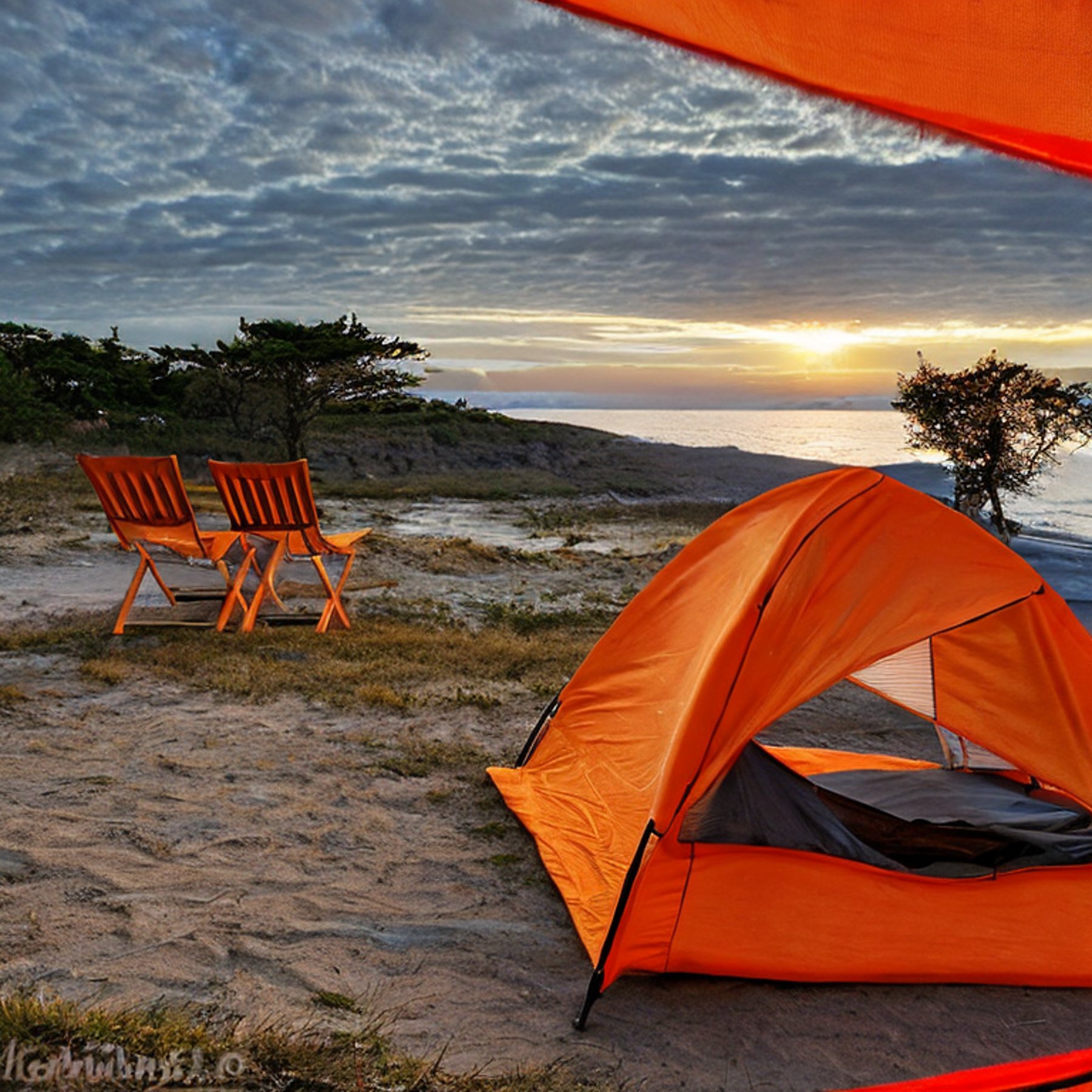 An orange tent rests by a sandy beach as the ocean stretches beyond it. A warm campfire glows beside camping chairs, while a deer stands in the distance near rolling hills. Fall-colored trees brighten the cloudy sunrise.