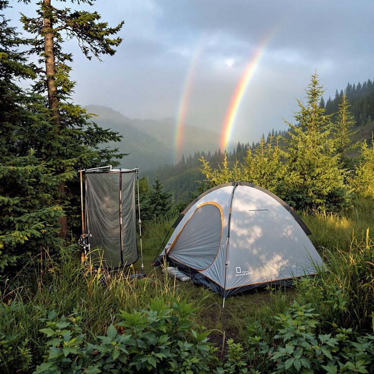 A cozy tent rests among tall grass and thick green bushes in misty Washington. A fishing rod leans against a tree, while an outdoor shower sits behind a small privacy screen. Far beyond the cliff edge, a soft rainbow brightens the cloudy sky.