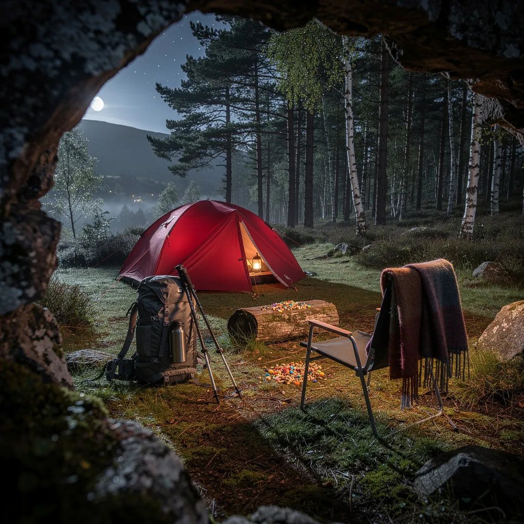 A rust-red tent glows softly in a quiet forest clearing in the Scottish Highlands. Cool moonlight shines on wet grass and moss, and a rough stone arch frames the scene. A backpack, a camp chair with a wool blanket, and a log with a little trail mix make it feel warm and ready for rest.