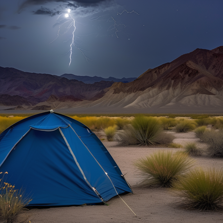 A blue tent rests beside a warm campfire in a grassy patch of Death Valley. Wildflowers and tall grass surround the campsite, while stormy clouds and a pale moon fill the sky.