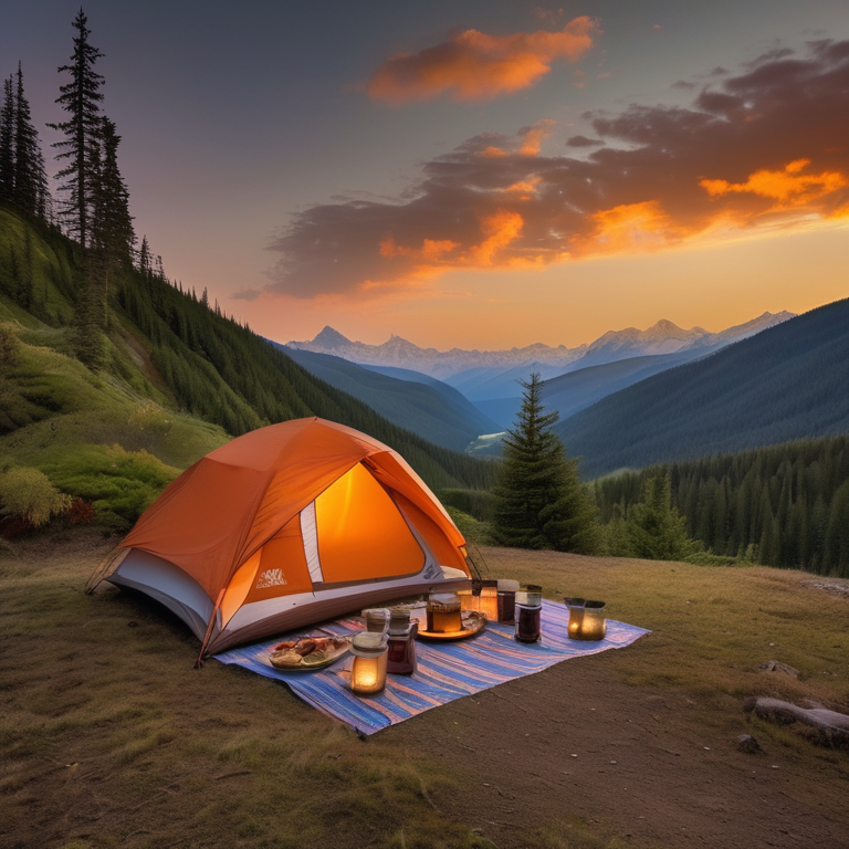 An orange tent rests on a quiet dirt campsite high on a mountain. Mossy trees, rolling hills, and distant peaks surround the cozy spot, with a picnic table nearby.