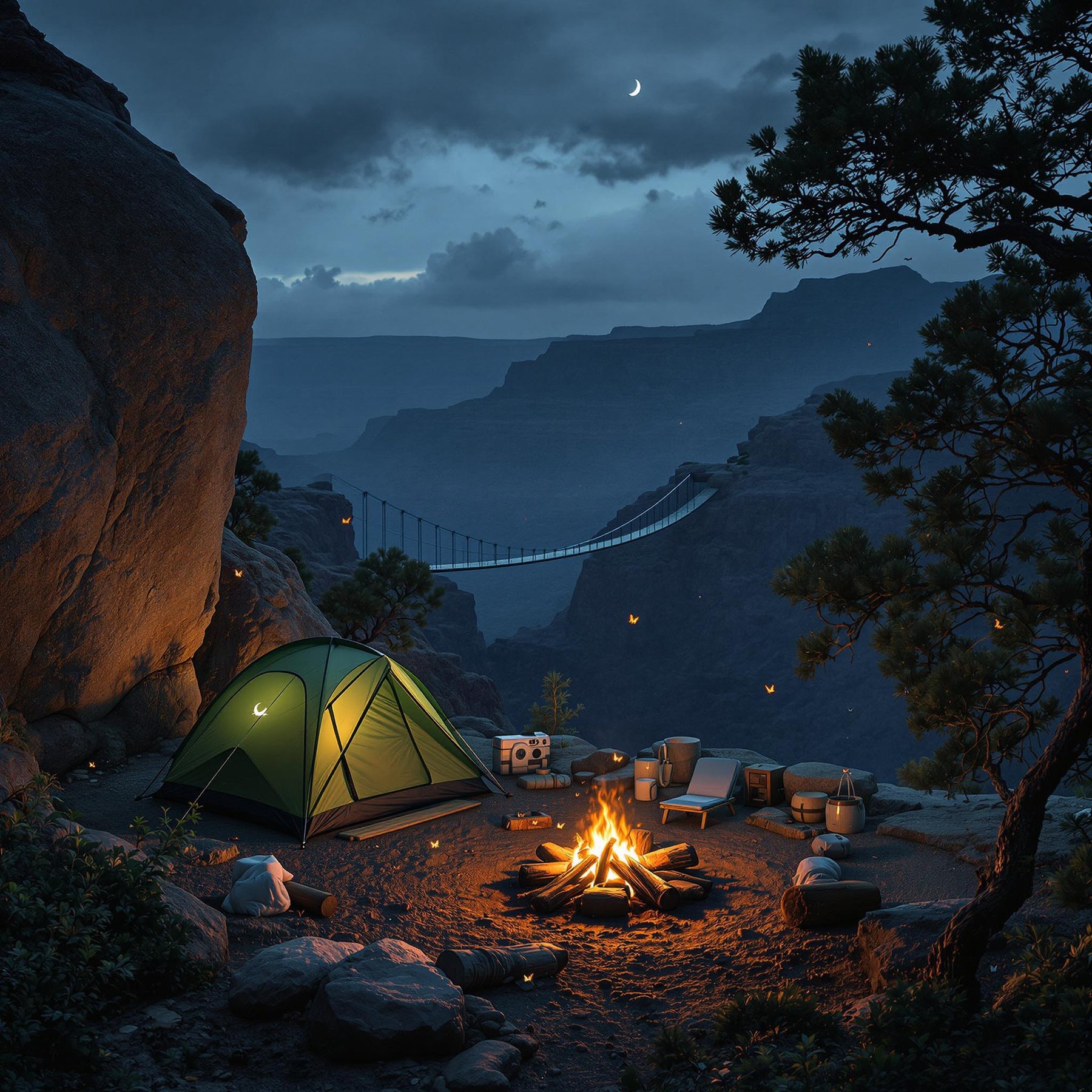 A green tent rests on rough ground beneath the Grand Canyon’s dark cliffs. A warm campfire glows beside the tent as a crescent moon shines through the stormy sky. Butterflies flutter nearby, and an outdoor shower stands behind a simple privacy screen.
