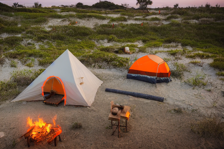 A gray and orange tent sits on a quiet paved campsite by San Diego Beach at dusk. A warm campfire glows beside a picnic table, with flowers, logs, and a wooden guitar nearby. The clear sky adds a peaceful glow to the scene.