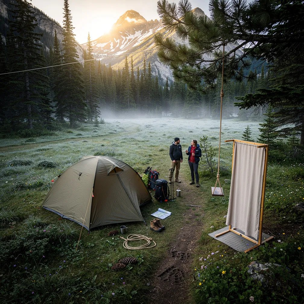 A khaki tent sits in a dewy alpine meadow as the sun rises and mist floats between tall pine trees. Two hikers stand near a small gear spot, getting ready for the day. A rope swing hangs from a thick branch, and a simple shower screen waits nearby. Everything feels quiet, fresh, and golden.