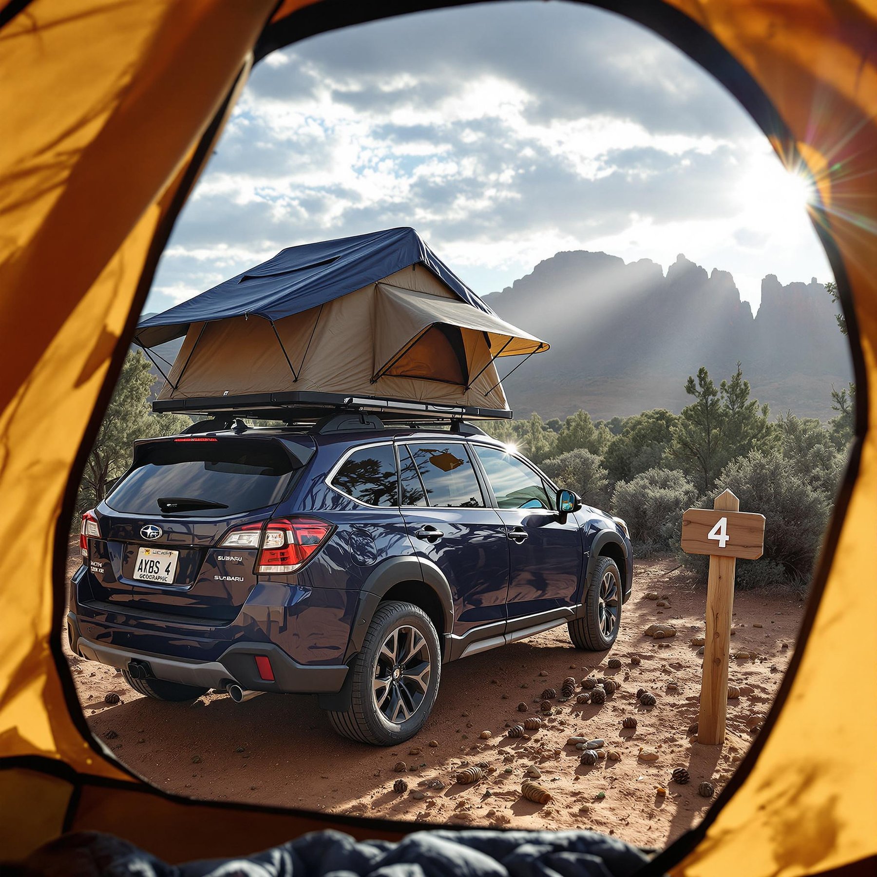 A cozy campsite rests under the morning sun, surrounded by a vast desert landscape. A blue car with a rooftop tent is parked on the sandy ground, ready for adventure. The peaceful scene invites you to explore and enjoy the great outdoors.