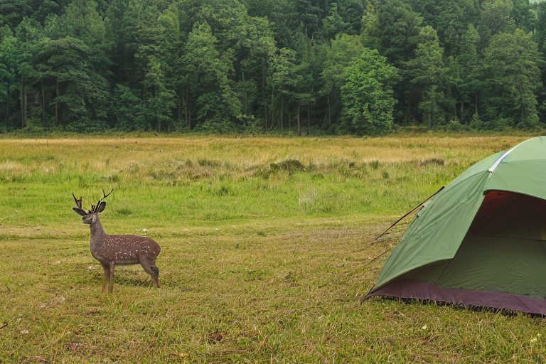 A green and tan tent rests beside a warm campfire near a quiet lake. Tall grass, dirt, and a fallen twig surround the campsite, while a deer watches from the distance. Soft golden light shines through the rainy sky.