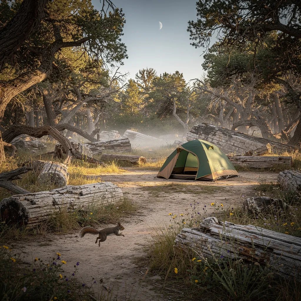 A green-and-tan tent sits in a quiet clearing of sandy ground and stone logs. Warm sunset light shines through the trees, and a thin mist floats near the grass and tiny wildflowers. A squirrel darts by as the woods grow calm, and a faint crescent moon peeks overhead.