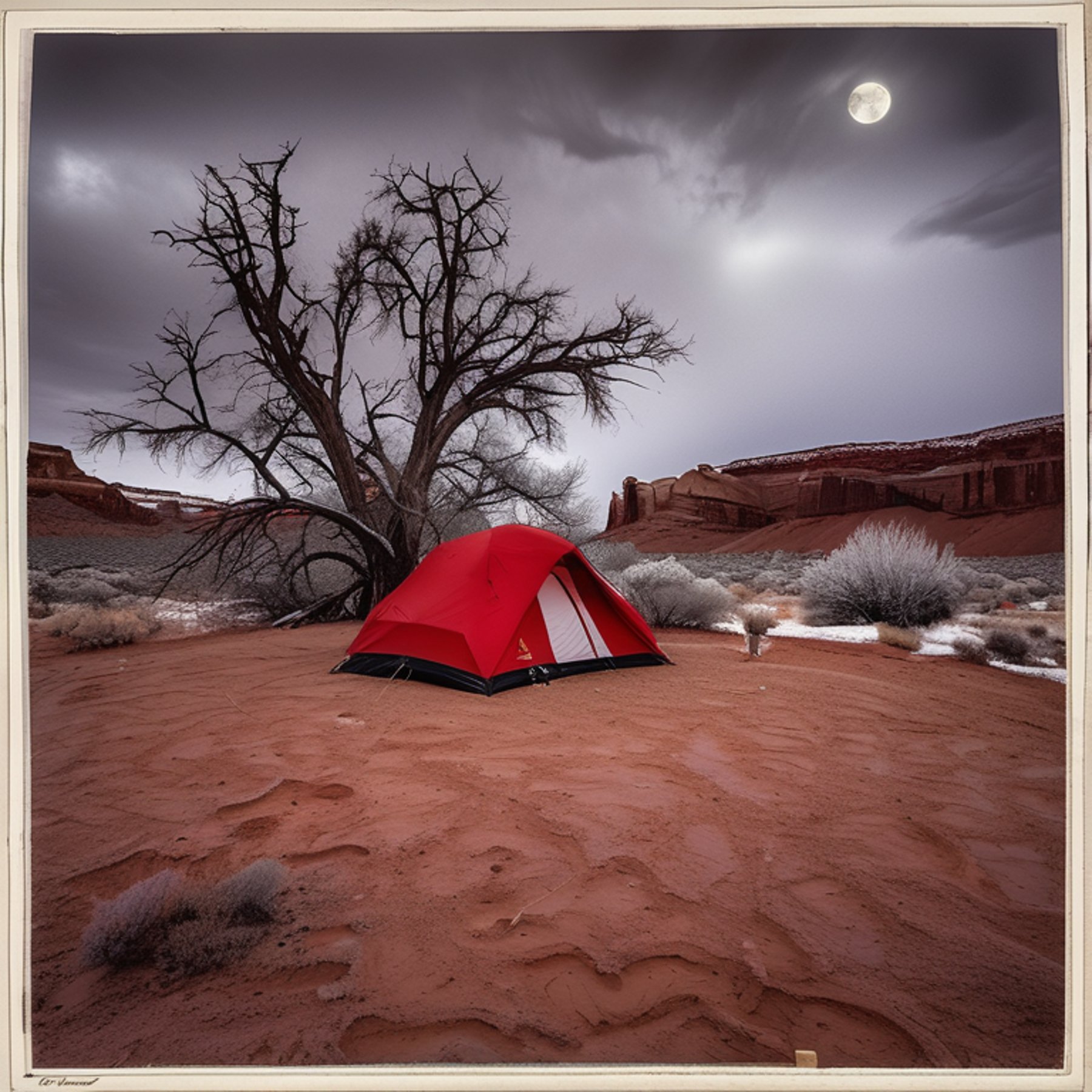 A red and white tent sits on a snowy dirt campsite beneath a dark sky. Large bushes and trees surround the quiet spot, while a deer stands in the distance.