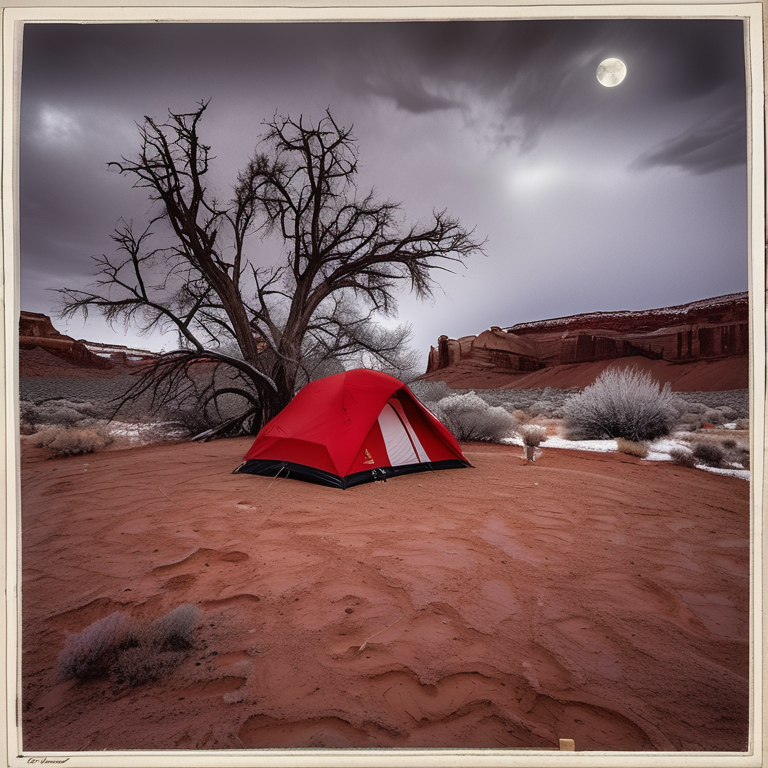 A red and white tent sits on a snowy dirt campsite beneath a dark sky. Large bushes and trees surround the quiet spot, while a deer stands in the distance.