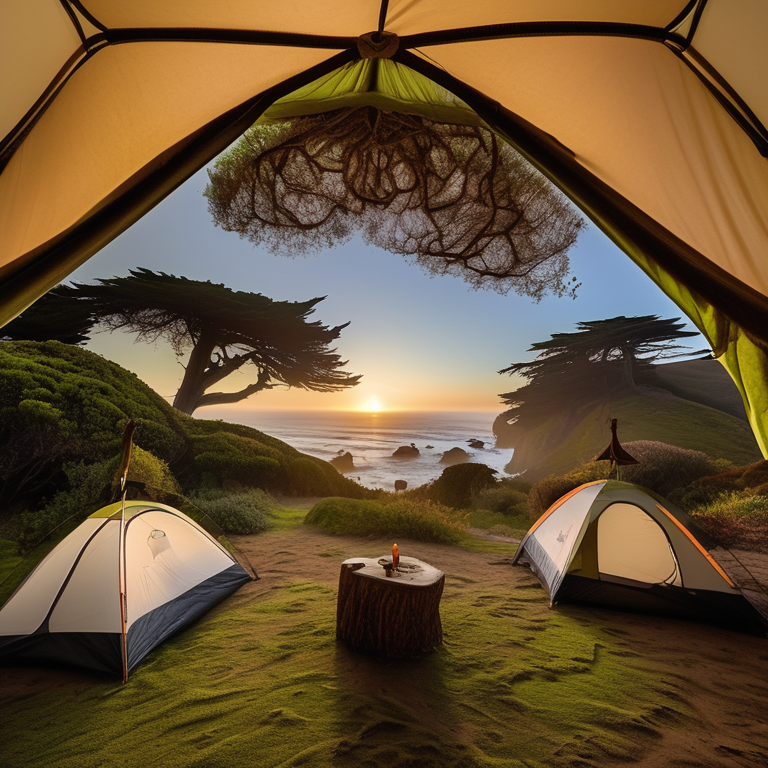 A cozy tent rests on a sunny dirt campsite in Big Sur as the sky glows with sunset colors. Mossy trees and small flowers surround the clearing, while surfers enjoy the nearby coast.