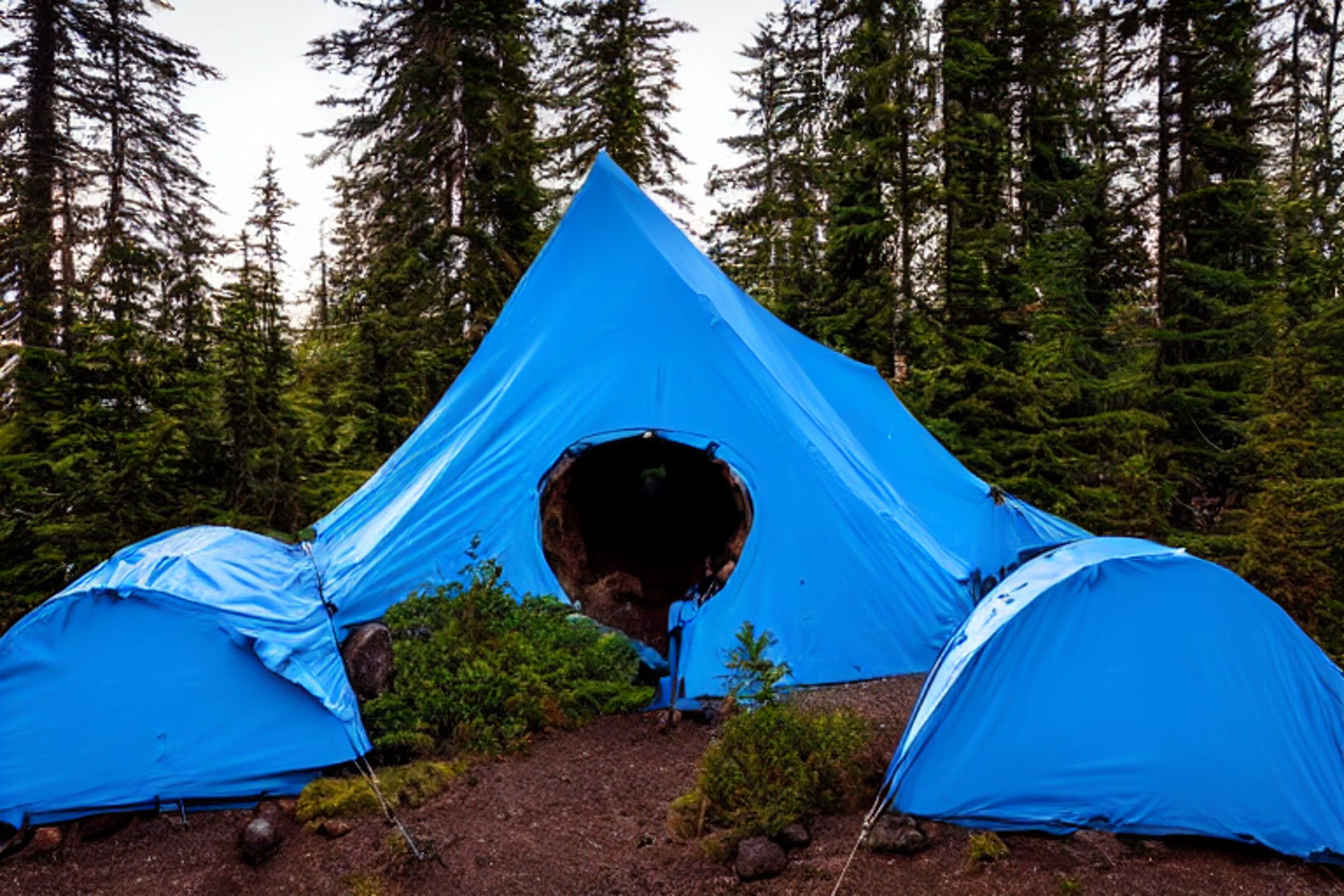 A blue tent rests among rocky ground and mossy boulders on Vancouver Island. Ferns frame the campsite as fog drifts through the trees, while the sunset paints the sky with soft light. In the distance, a camper shines a flashlight near the parking spot.