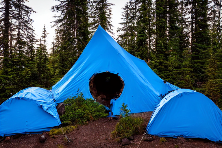 A blue tent rests among rocky ground and mossy boulders on Vancouver Island. Ferns frame the campsite as fog drifts through the trees, while the sunset paints the sky with soft light. In the distance, a camper shines a flashlight near the parking spot.