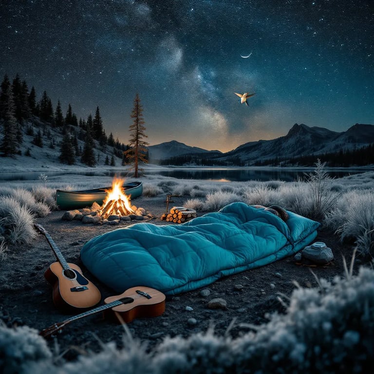 A teal sleeping bag rests beneath the stars in Yellowstone, lit by a slim crescent moon and warm campfire. A wooden guitar, canoe, stones, and firewood add charm to the peaceful campsite, while a hummingbird hovers near a flower.
