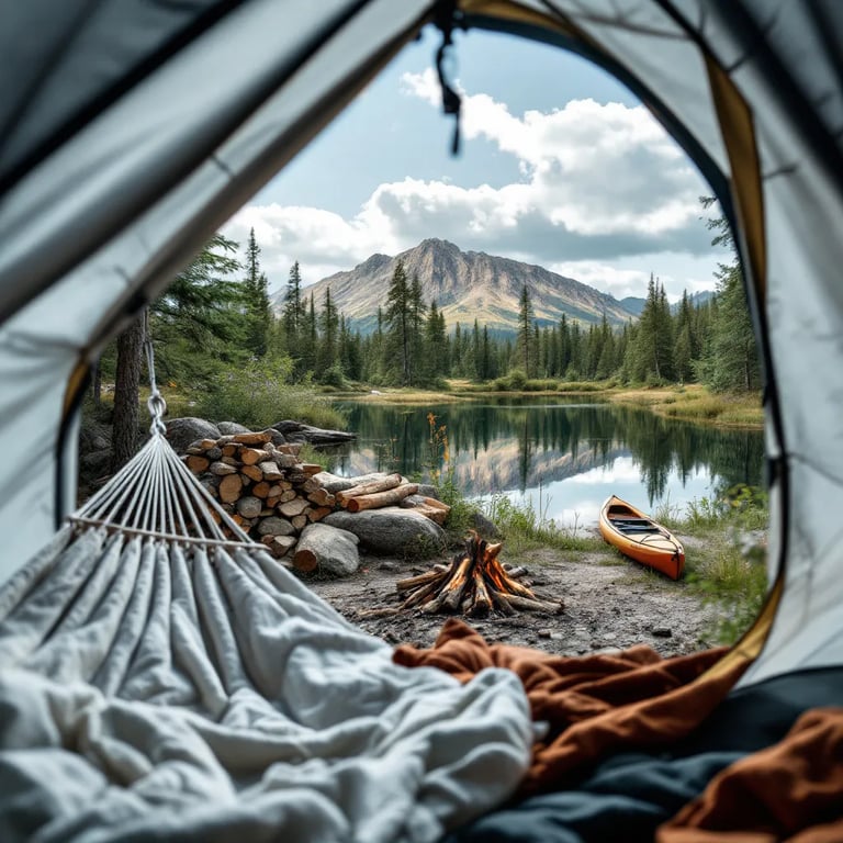 A peaceful campsite rests beside a quiet reflecting pond, surrounded by wildflowers and rough, rocky ground. A white hammock hangs nearby, while a kayak waits on the shore and firewood sits beside the campfire.
