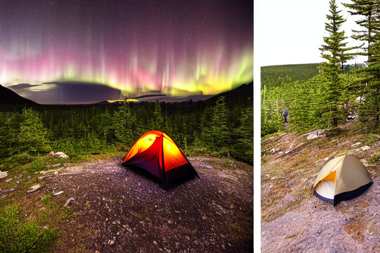 A black tent rests beside a warm campfire under glowing northern lights. Rolling hills, wildflowers, and a small lantern make the quiet Acadia campsite feel cozy and magical.