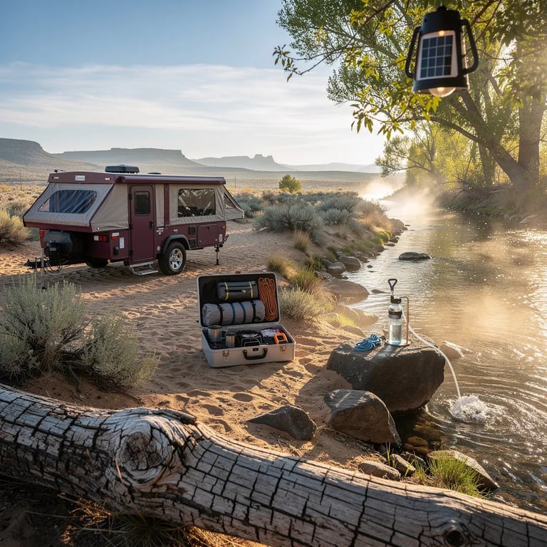 A quiet high-desert campsite sits by a narrow creek lined with tall cottonwood trees. Early morning mist floats over the water as soft sunlight slips through the branches. A plum pop-up camper rests on sandy ground with sagebrush and dark stones, and a little lantern hangs above the camp like a gentle glow.