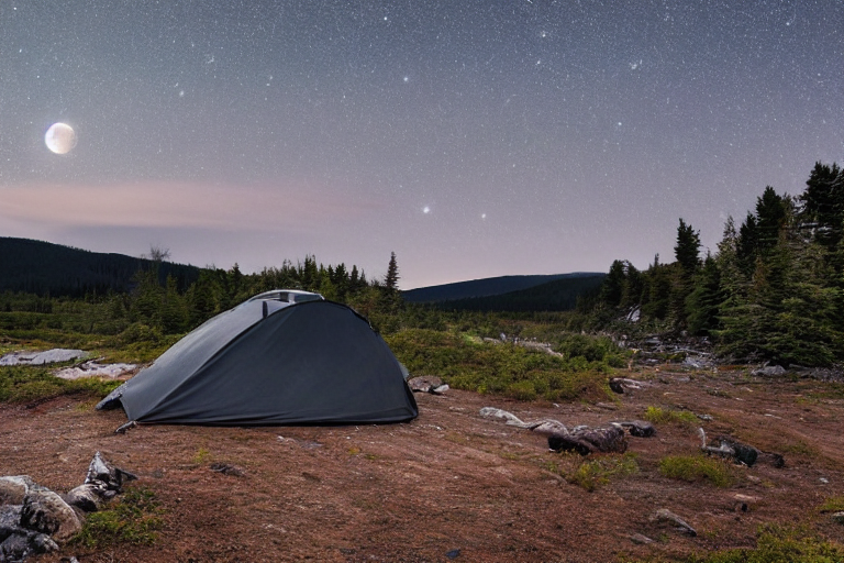 A black tent rests on a quiet dirt campsite by the Maine coast. A clear stream winds through the camp as hikers explore nearby, with a mountain rising in the distance. Soft dusk light, cloudy skies, and a pale moon create a peaceful mood.