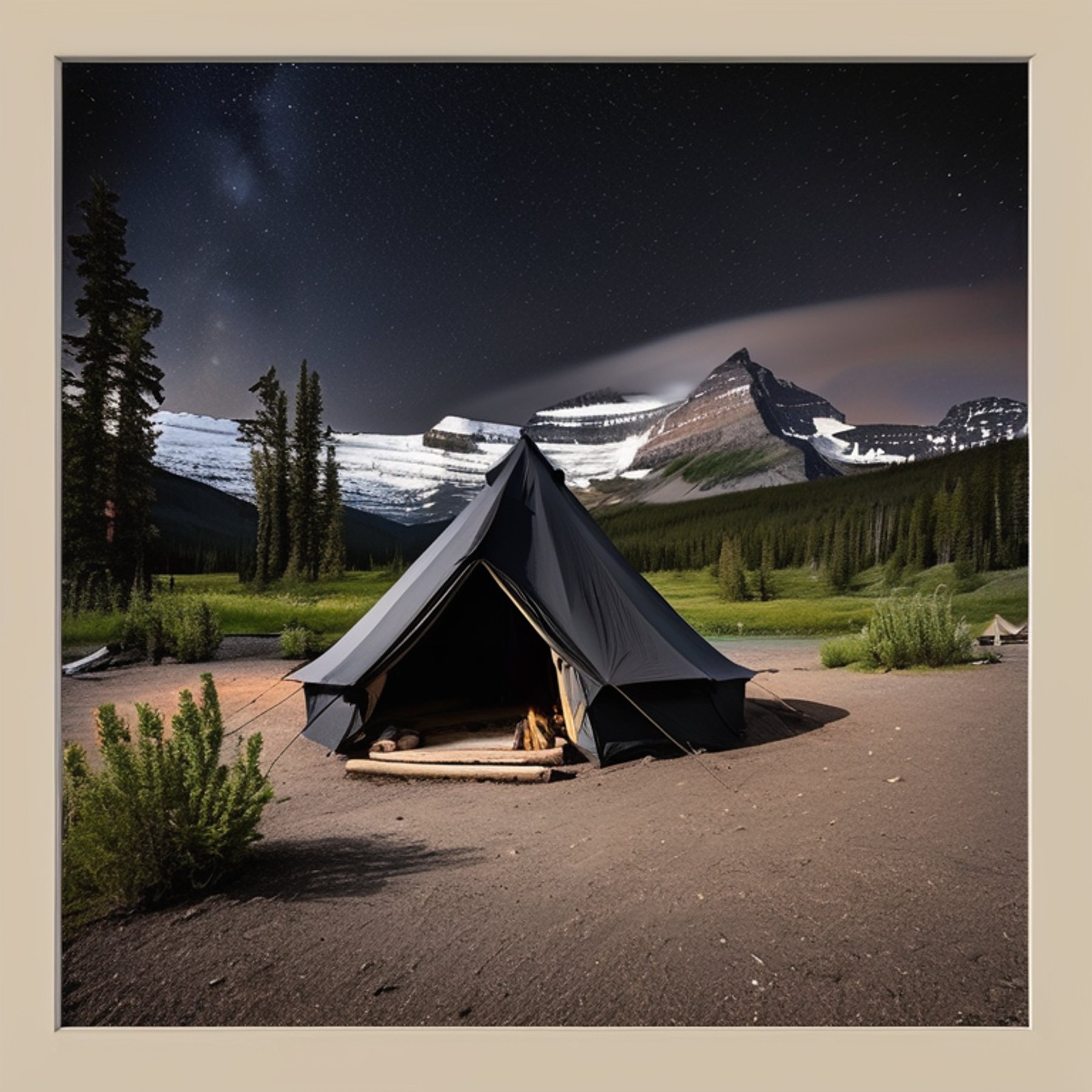 A black tent rests on a quiet dirt campsite beneath a sky full of stars. A warm campfire glows beside a large log, with mountains rising in the distance. The peaceful scene feels wild and calm in Glacier National Park.