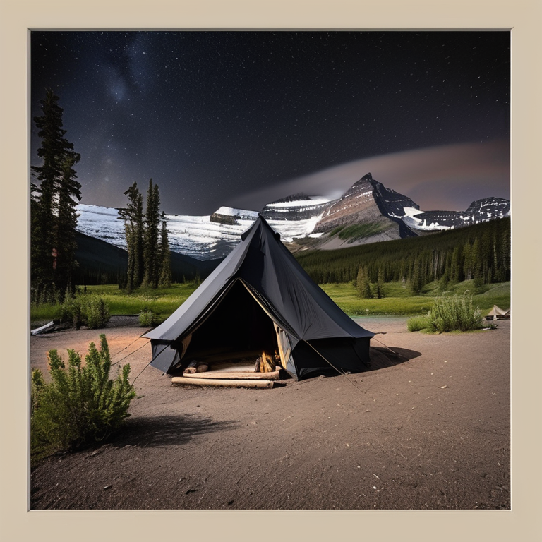 A black tent rests on a quiet dirt campsite beneath a sky full of stars. A warm campfire glows beside a large log, with mountains rising in the distance. The peaceful scene feels wild and calm in Glacier National Park.