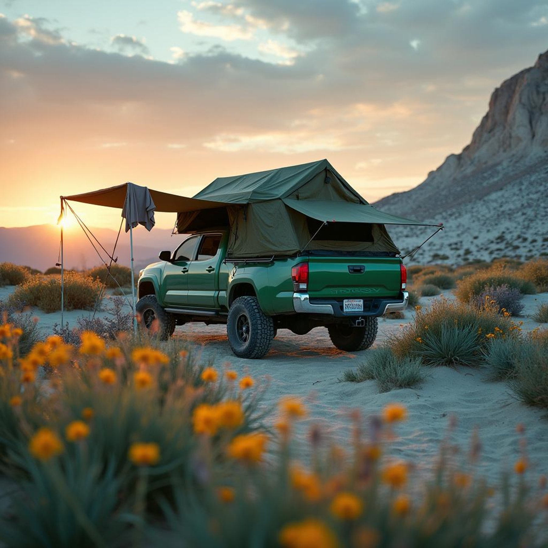 A forest-green truck tent rests among tall grass and wildflowers at White Sands National Park. Sunrise paints the sandy hills with warm light as hikers explore nearby and clothes flutter on a line in the wind.
